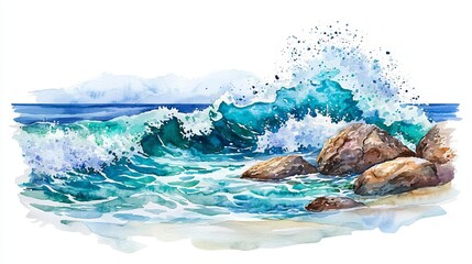 Obraz premium Ocean waves crashing over rocks, vibrant blue water, white background.