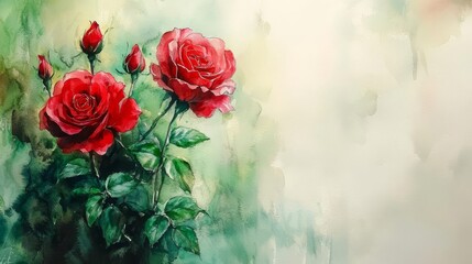 Red roses in full bloom against a soft, blurred background.