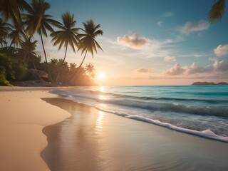 A serene tropical beach at sunrise, with turquoise water, soft sand, palm trees swaying in the breeze, and gentle waves lapping the shore