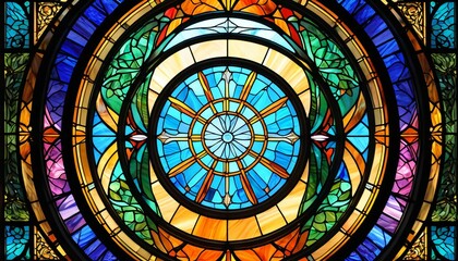 Obraz premium A captivating stained glass window displays intricate designs and vibrant colors, showcasing the beauty of craftsmanship, Generative AI