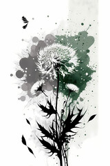 Elegant flower illustration with artistic splashes, black and green colors, for T-shirt print
