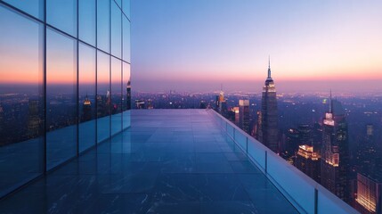 A stunning cityscape view from a modern balcony at sunset, showcasing urban architecture.