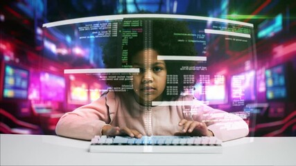 African American girl coding on holographic display, stem, futuristic study