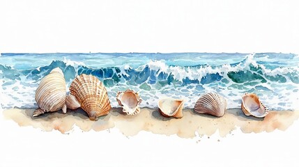 Seashells by the ocean on sandy beach, white isolated background