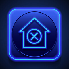 Deny, house simple icon. Flat desing. Blue neon style on button. With shadow
