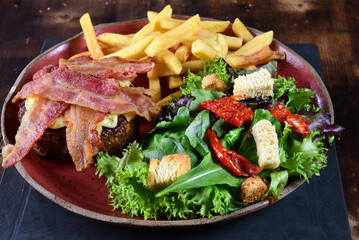plate with beef fillet, salad and mashed potatoes, healthy food, tasty, light lunch