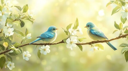 Obraz premium Two blue birds perched on a branch with blossoms, creating a serene, springtime atmosphere.
