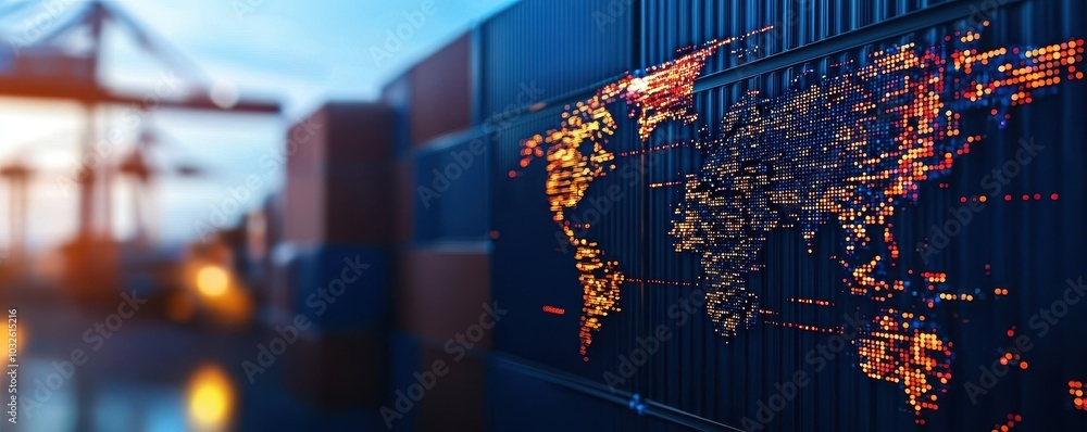 Poster a close-up view of shipping containers featuring a world map illuminated by lights, symbolizing glob