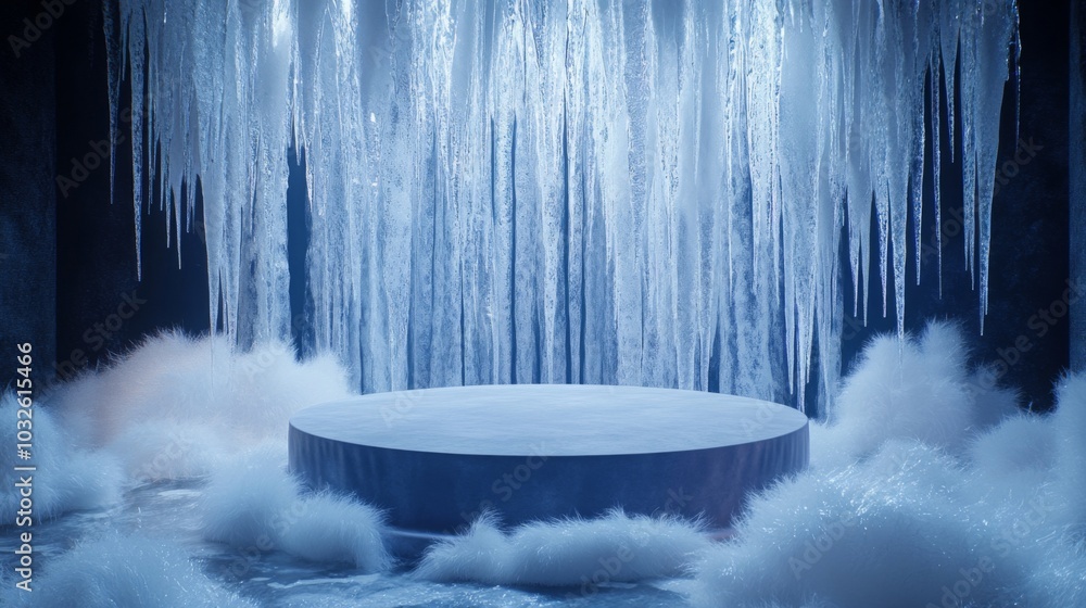 Fototapete The setting features an enchanting ice cave adorned with sparkling icicles hanging from the ceiling. A circular platform rests above a soft, misty ground, creating a mystical winter environment.