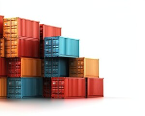 Fototapeta premium A vibrant stack of colorful shipping containers, showcasing red, blue, and orange hues against a plain background.