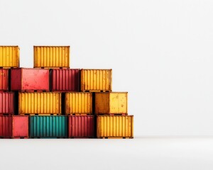 Obraz premium A stack of colorful shipping containers arranged creatively against a plain background, showcasing vibrant hues of red, yellow, and green.