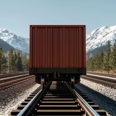 Fototapeta premium A cargo container on railway tracks against a backdrop of majestic mountains and evergreen trees.