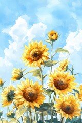 Obraz premium Vibrant sunflowers against a bright blue sky.