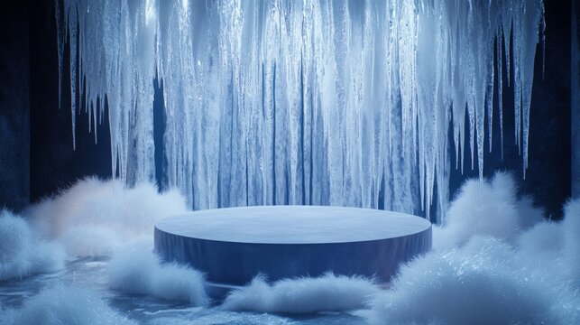 The setting features an enchanting ice cave adorned with sparkling icicles hanging from the ceiling. A circular platform rests above a soft, misty ground, creating a mystical winter environment.