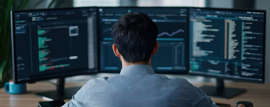 Person working on multiple screens analyzing data and coding