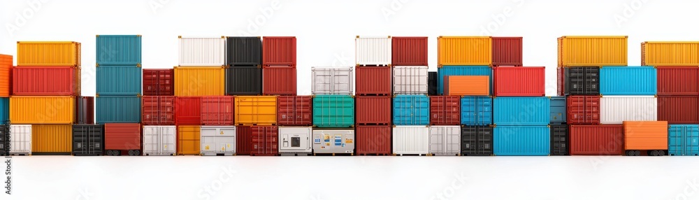 Poster a colorful array of shipping containers stacked in various positions, showcasing logistics and trans