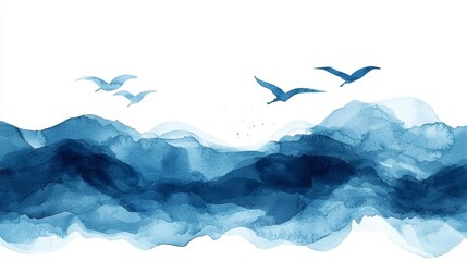 Obraz premium Watercolor landscape of blue waves and flying birds, artistic design