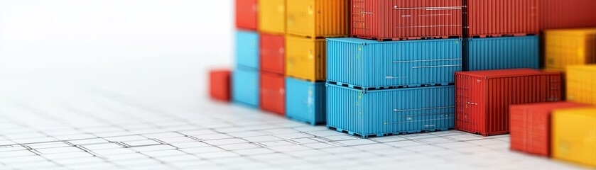 Fototapeta premium Colorful shipping containers stacked, showcasing a vibrant layout against a minimalistic background, highlighting logistics and cargo management.