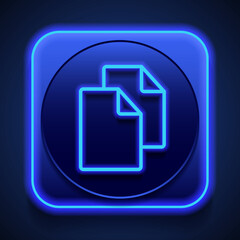 Copy, document simple icon vector. Flat design. Blue neon style on button. With shadow