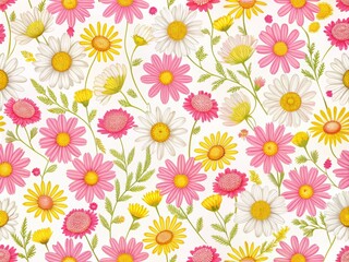 Ditsy Floral Pattern with Pink and Yellow Chamomile Flowers