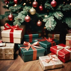 Obraz premium Festively wrapped gifts surrounded by colorful Christmas balls under a beautifully decorated spruce tree during the joyous New Year season. Generative AI