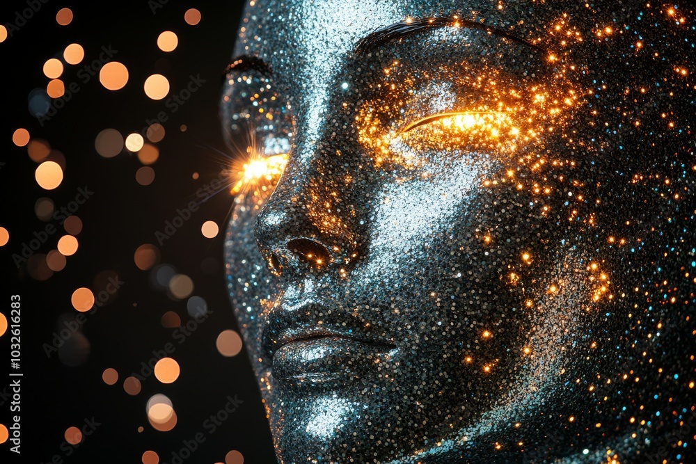Poster abstract face covered in glowing particles representing human creativity imagination and the cosmic 
