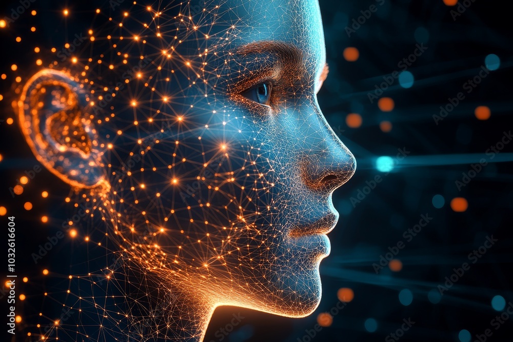 Poster digital profile of a human face overlaid with glowing orange data points symbolizing the intersectio