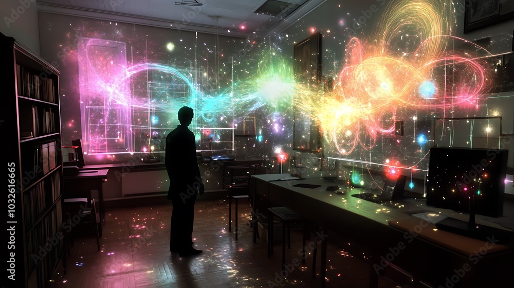Poster a futuristic physics lab with digital simulations of high-energy particle collisions and their effec