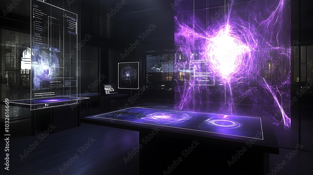 Poster a futuristic physics lab with digital simulations of high-energy particle collisions and their effec