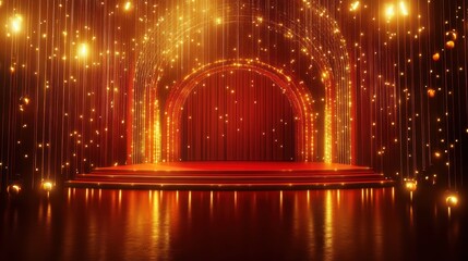 A glamorous stage setup with sparkling lights and a red curtain, ideal for performances.