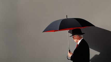 A man in a suit holds a black and red umbrella while walking against a gray wall on a sunny day