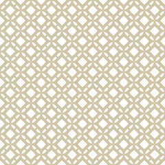 Golden grid ornament. Vector abstract gold and white geometric seamless pattern with lattice, mesh, net, diamond shapes, flower silhouettes. Simple luxury background texture. Modern repeated design