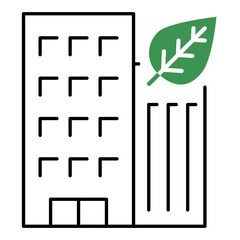 Vector icon of Eco Architecture with green leaf. A simple line drawing of a building with a green leaf, representing eco-conscious architecture and sustainable building practices.