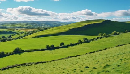 Obraz premium A beautiful landscape of an Irish countryside, showcasing lush green fields and rolling hills under a blue sky, Generative AI