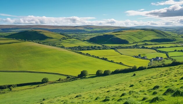 A beautiful landscape of an Irish countryside, showcasing lush green fields and rolling hills under a blue sky, Generative AI