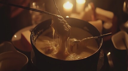 Inviting Cheese Fondue Scene with Various Dippers
