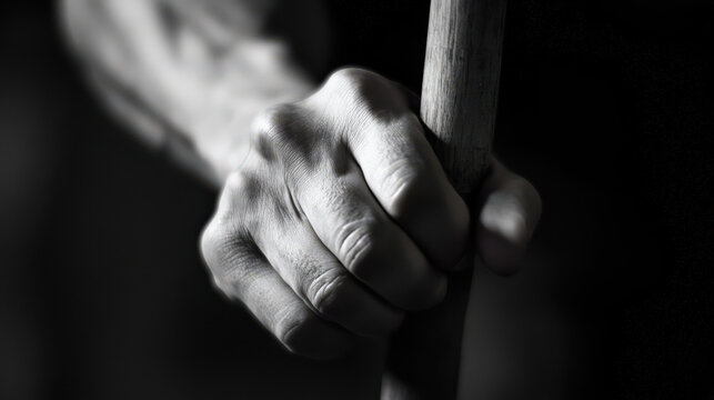 A close-up of hands gripping a shinai (bamboo sword), the intensity of the practice evident in the tight grip and focus.