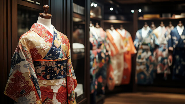 A shot of the designer presenting the finished kimono to a customer in a showroom filled with mannequins wearing elaborate, hand-stitched kimonos.