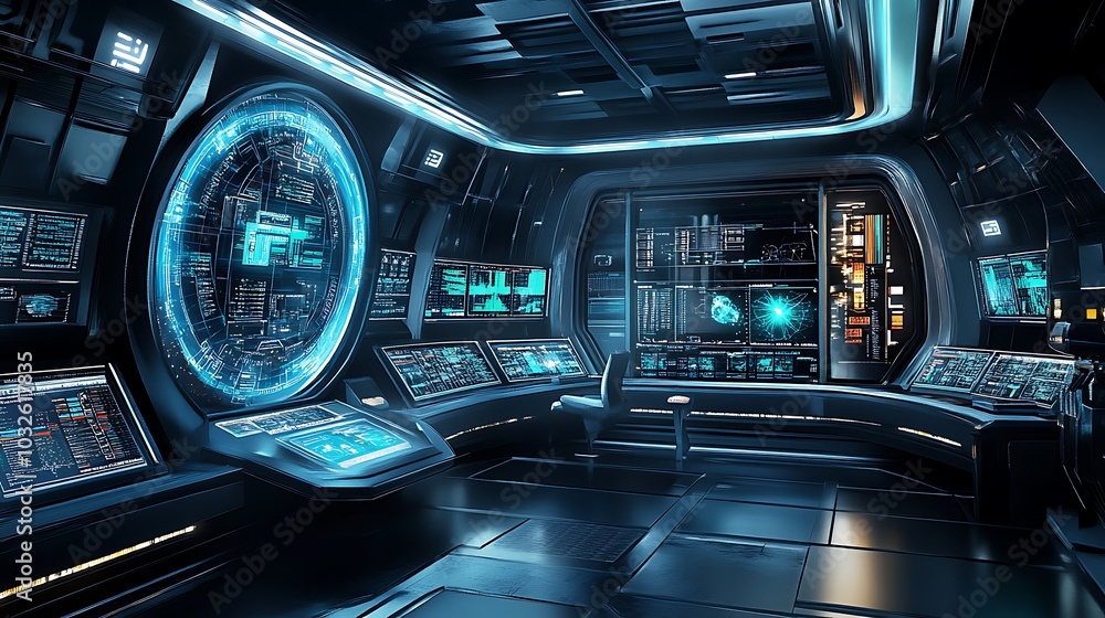 Poster a futuristic physics laboratory exploring the dynamics of dark energy with interactive data displays