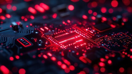 Closeup, red and circuit board hacking in engineering theft