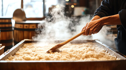 A close-up of the brewer's hands gently stirring the rice mash with a long wooden paddle, the rising steam creating a warm, hazy atmosphere inside the brewery.