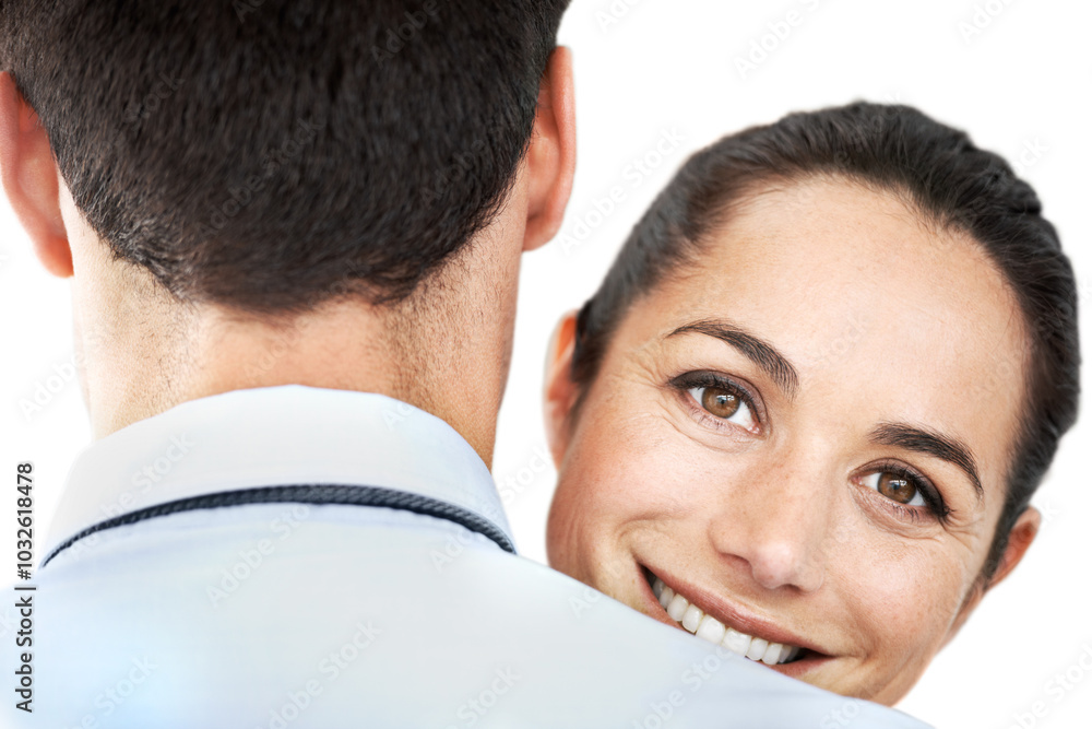 Wall mural business couple, face and relationship with smile for company affair or public relations on a white 