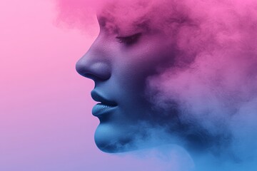 Obraz premium Abstract profile of a womans face dissolving into blue and pink smoke symbolizing creativity transformation and the fluid nature of thought in a dreamlike surreal atmosphere