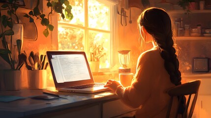 A woman with long dark hair in a braid, enjoying a cup of coffee as she reviews documents on her laptop in a sun-drenched kitchen. The soft, warm lighting adds a magical touch to the peaceful scene