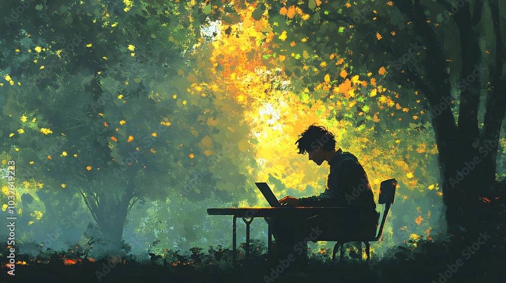 Poster A man with medium-length dark hair working on his tablet while seated at a table in a vibrant park. The light filtering through the trees creates a soft, dreamlike atmosphere, blending work with