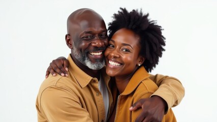 Obraz premium Happy smiling romantic middle aged African couple, man and woman hugging while looking at camera on white background. Free space for text