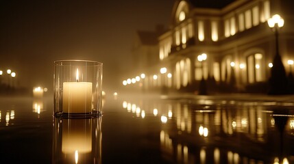 Eerie Fog Envelops Halloween Villa with Ghostly Decorations - Spooky Reflections from Floating Candles Under Full Moon Light