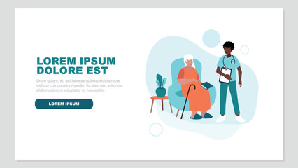 Vektor-Illustration einer &auml;lteren, pflegebed&uuml;rftigen Person, die entspannt in einem Sessel sitzt, w&auml;hrend das Pflegepersonal ihr zur Seite steht - soziales Konzept 