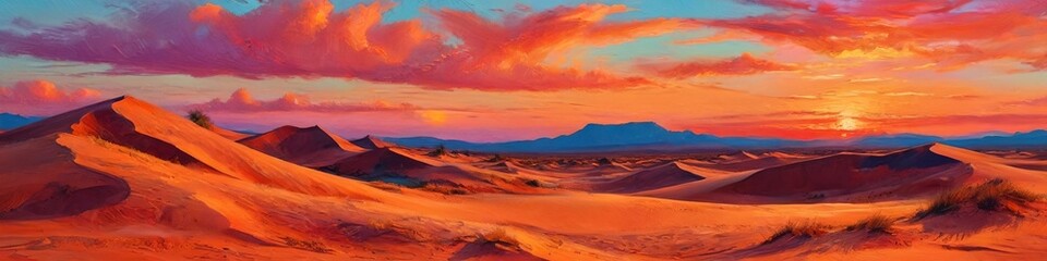 Naklejka premium A surreal desert landscape featuring oversized sand dunes under a sky painted in vibrant sunset colors, evoking wonder and awe, Generative AI