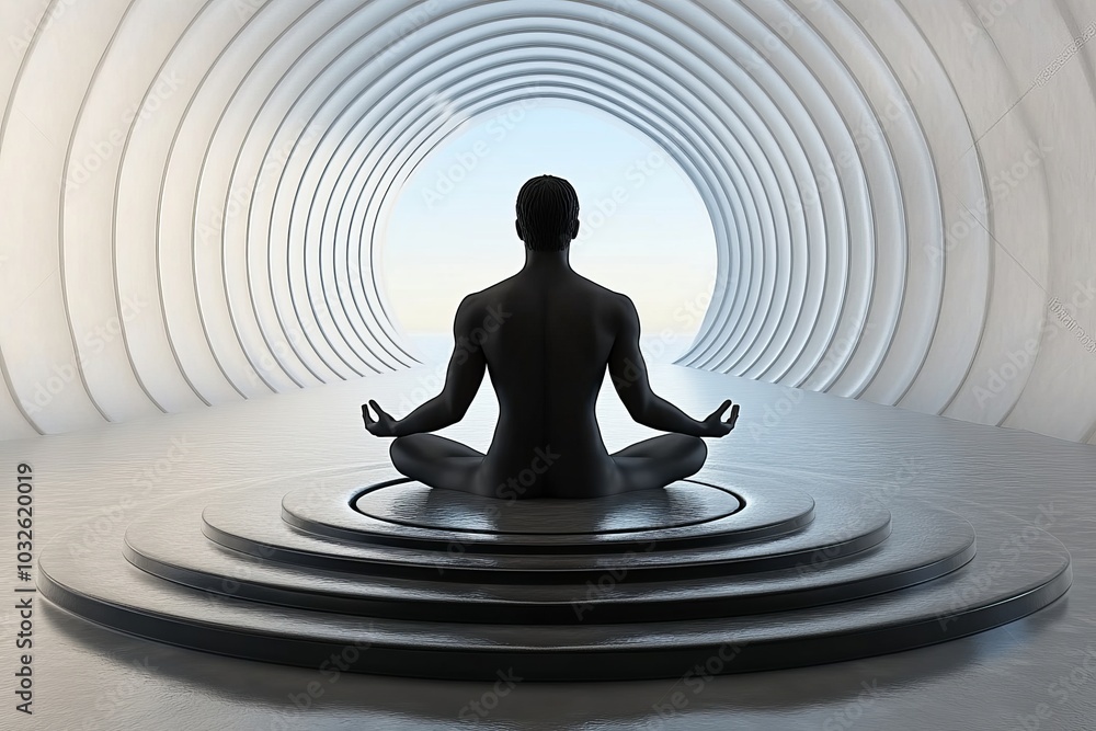 Poster silhouette of a person meditating in a futuristic circular tunnel illuminated by soft light symboliz